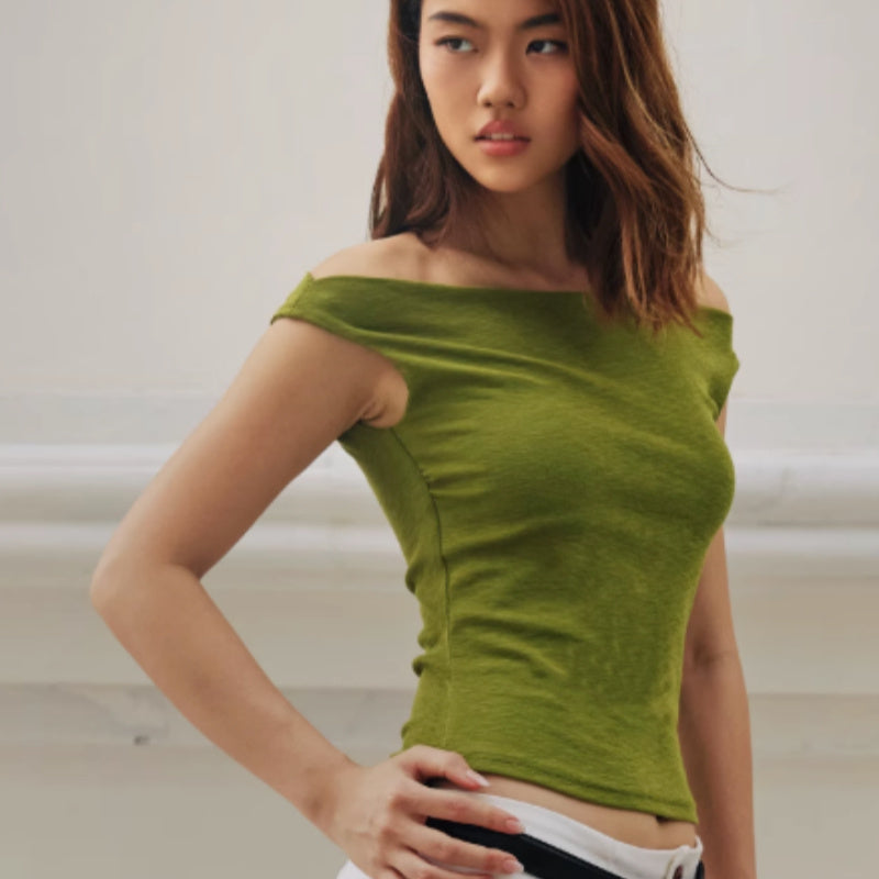 Off-shoulder High Elastic Tencel Knitted Vest Front Double Layer