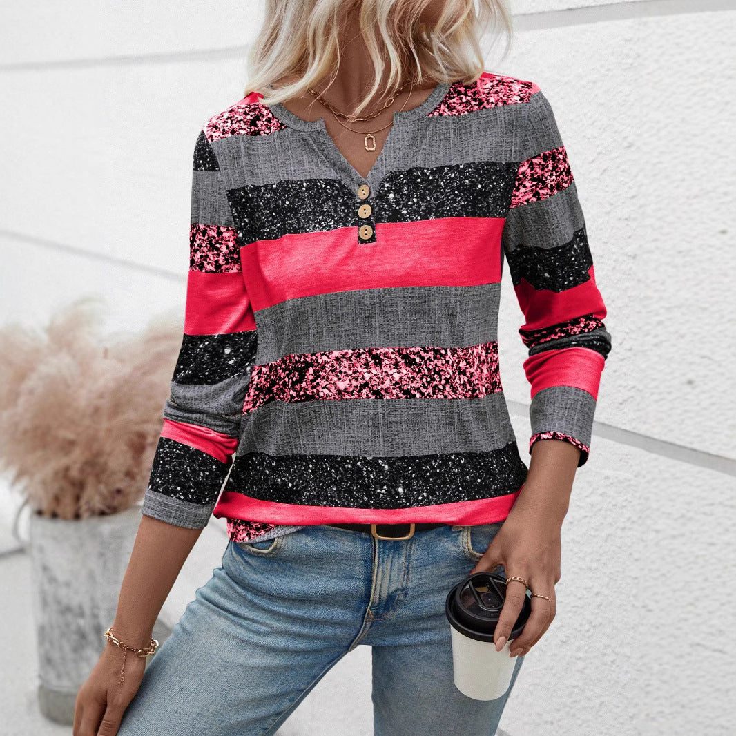 Striped V-neck 3D Printing Fashion Casual Sweater