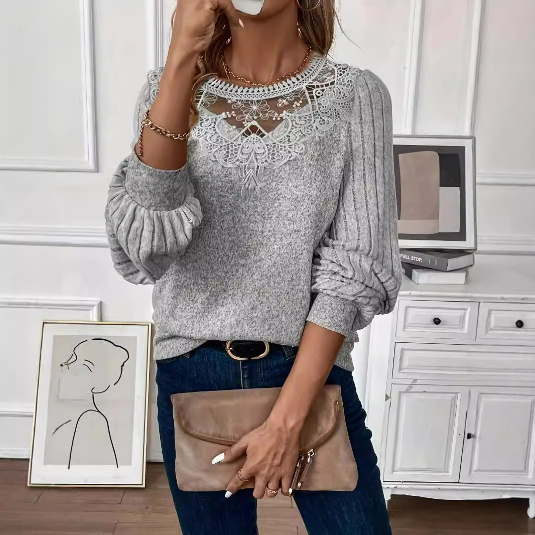 Drop Shoulder Thread Lace Collar Pullover