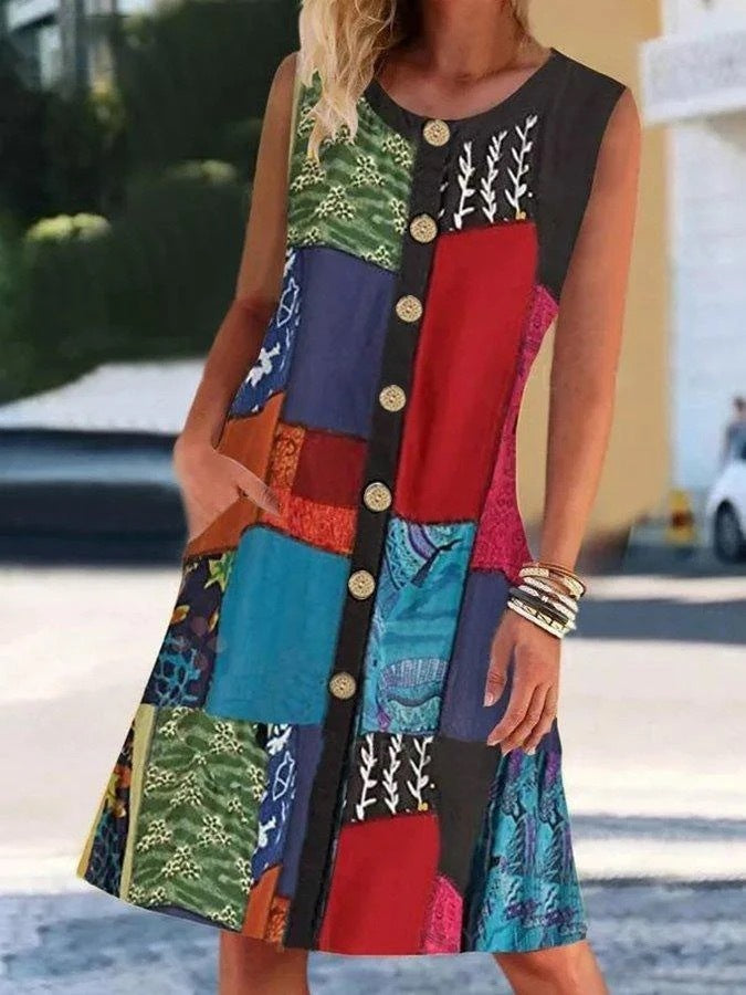 Women's Round Neck Sleeveless Printed Contrast Pocket Dress