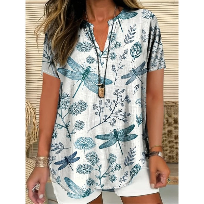3D Printed Women's Spring And Summer Loose V-neck Short Sleeve Top