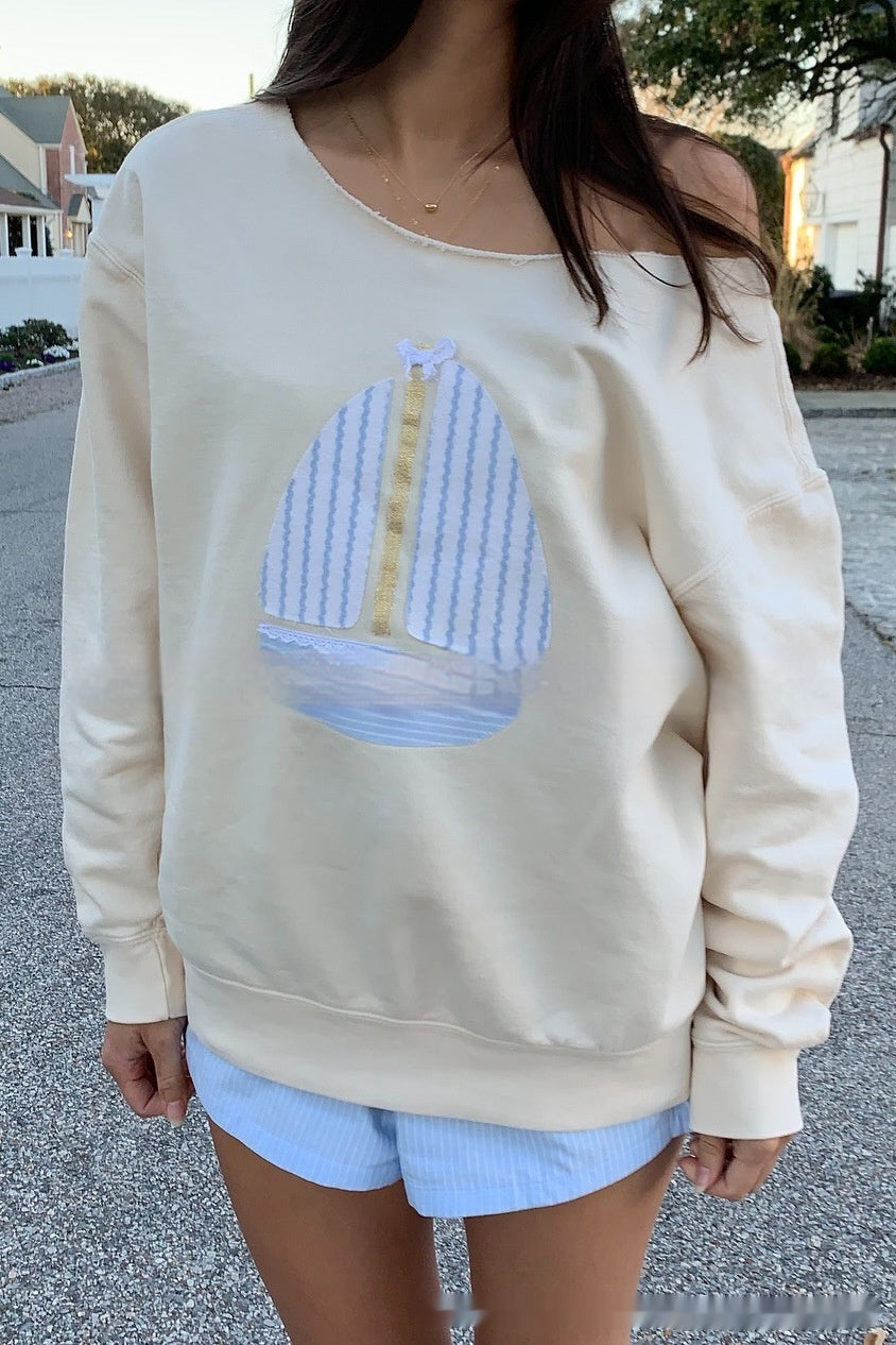 Women's Patch Off-shoulder Two-way Pullover Sweater