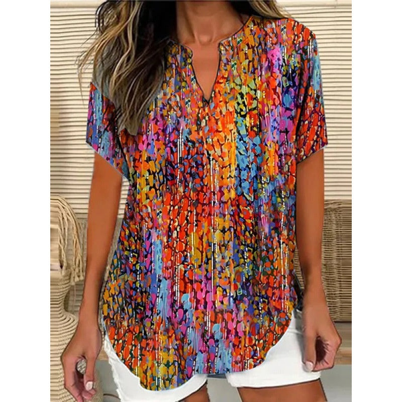 3D Printed Women's Spring And Summer Loose V-neck Short Sleeve Top