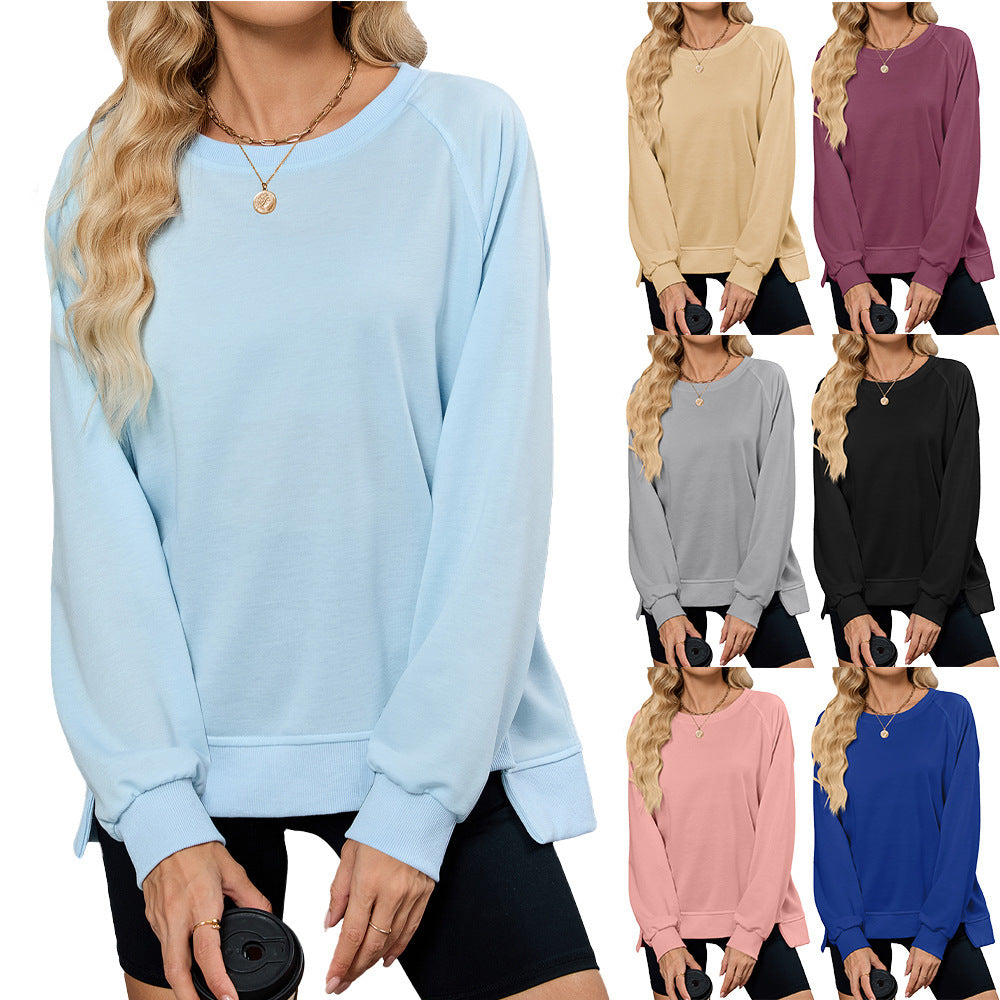 Solid Color Thread Round Neck Long Sleeve Loose Sweatshirt Women's Top