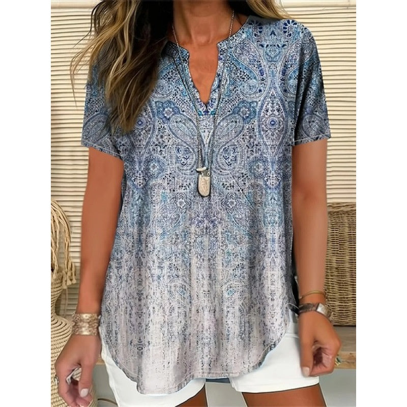3D Printed Women's Spring And Summer Loose V-neck Short Sleeve Top