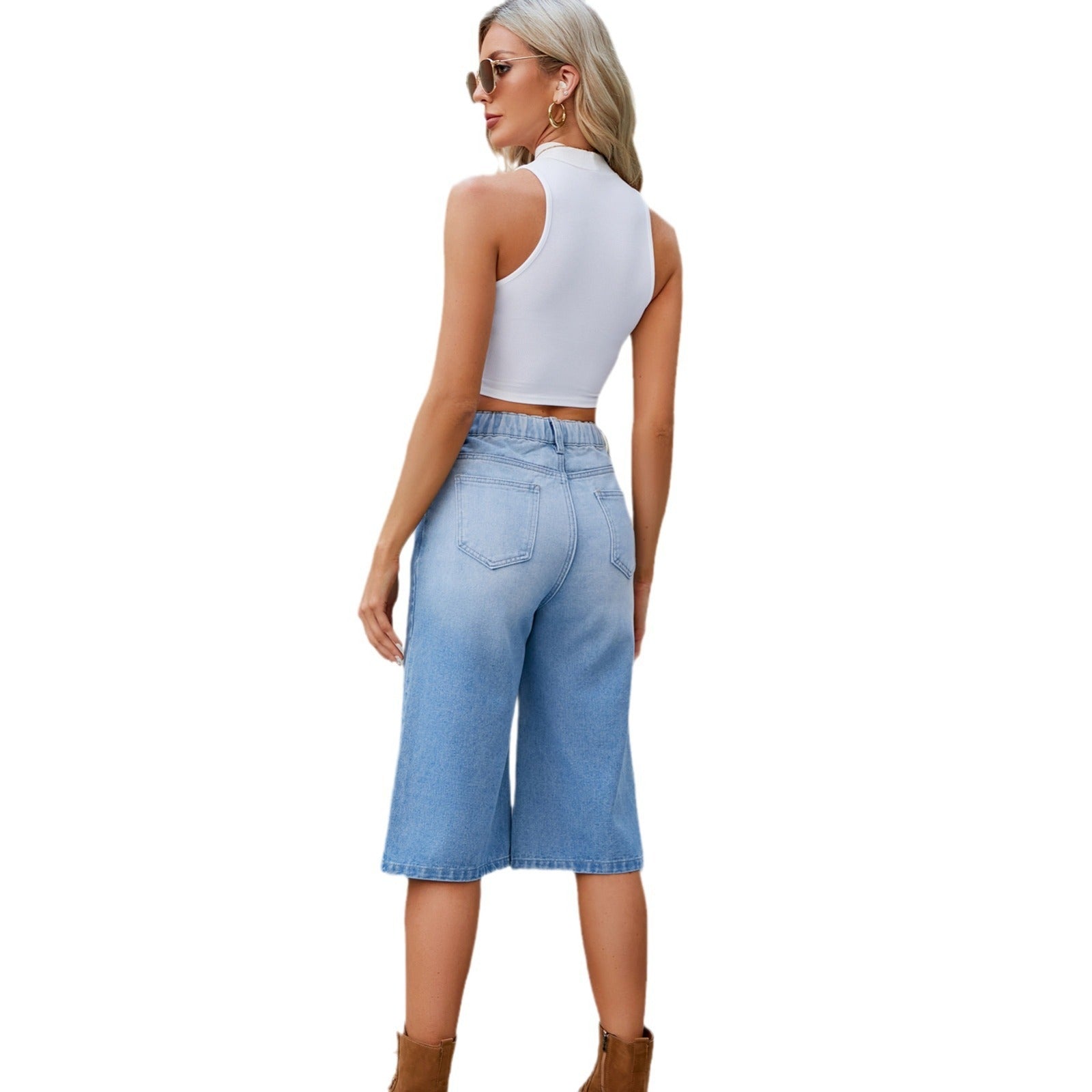 Summer Washed Elastic Waist Denim Cropped Pants For Women