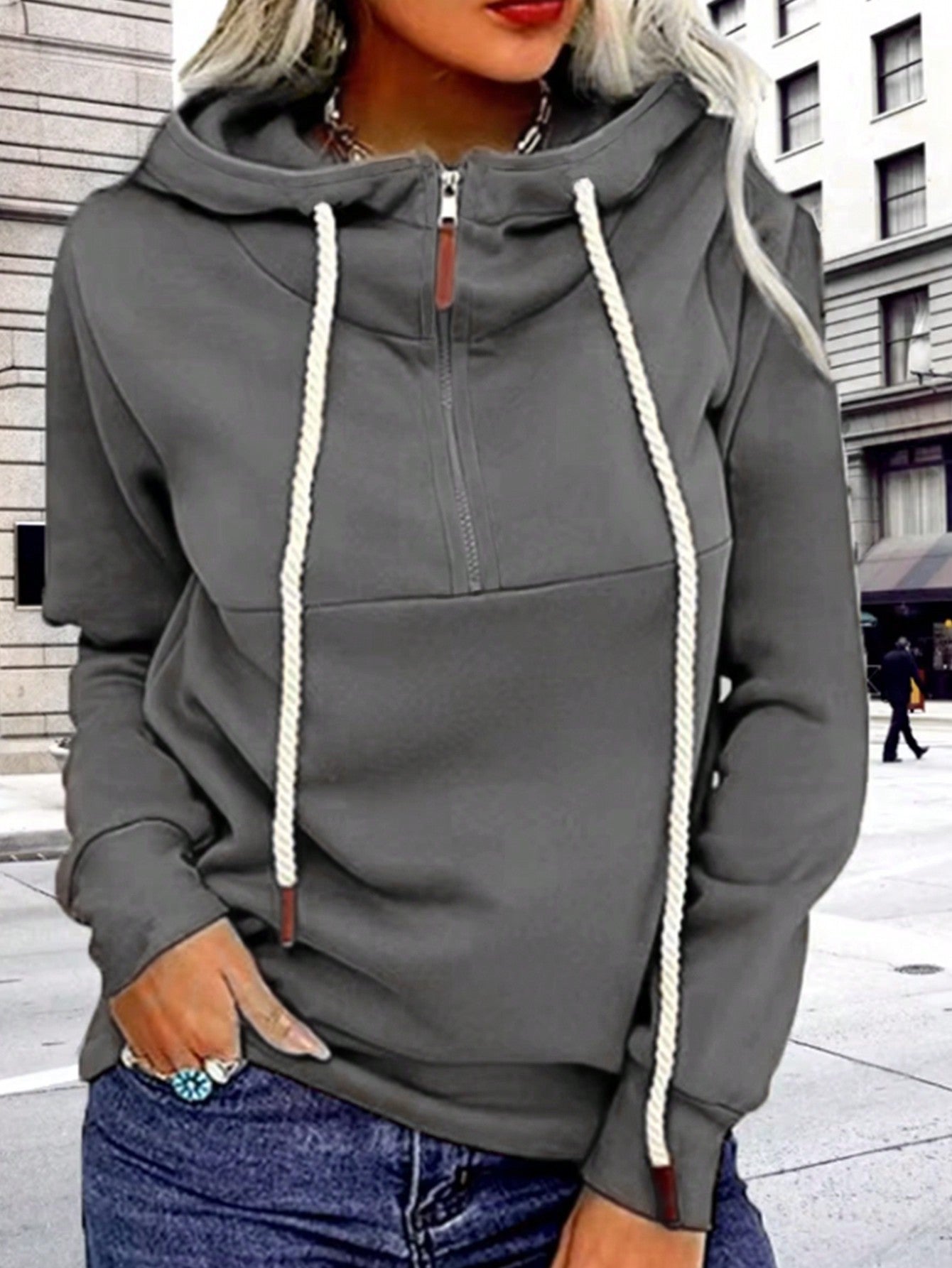 INAWLY Split Collar Zip-Up Hoodie Sweatshirt