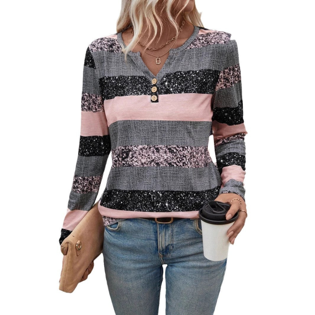 Striped V-neck 3D Printing Fashion Casual Sweater
