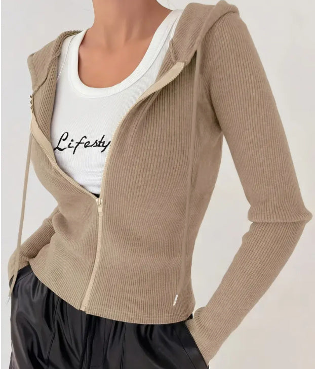 Women's Slim Fit Solid Color Hooded Jacket