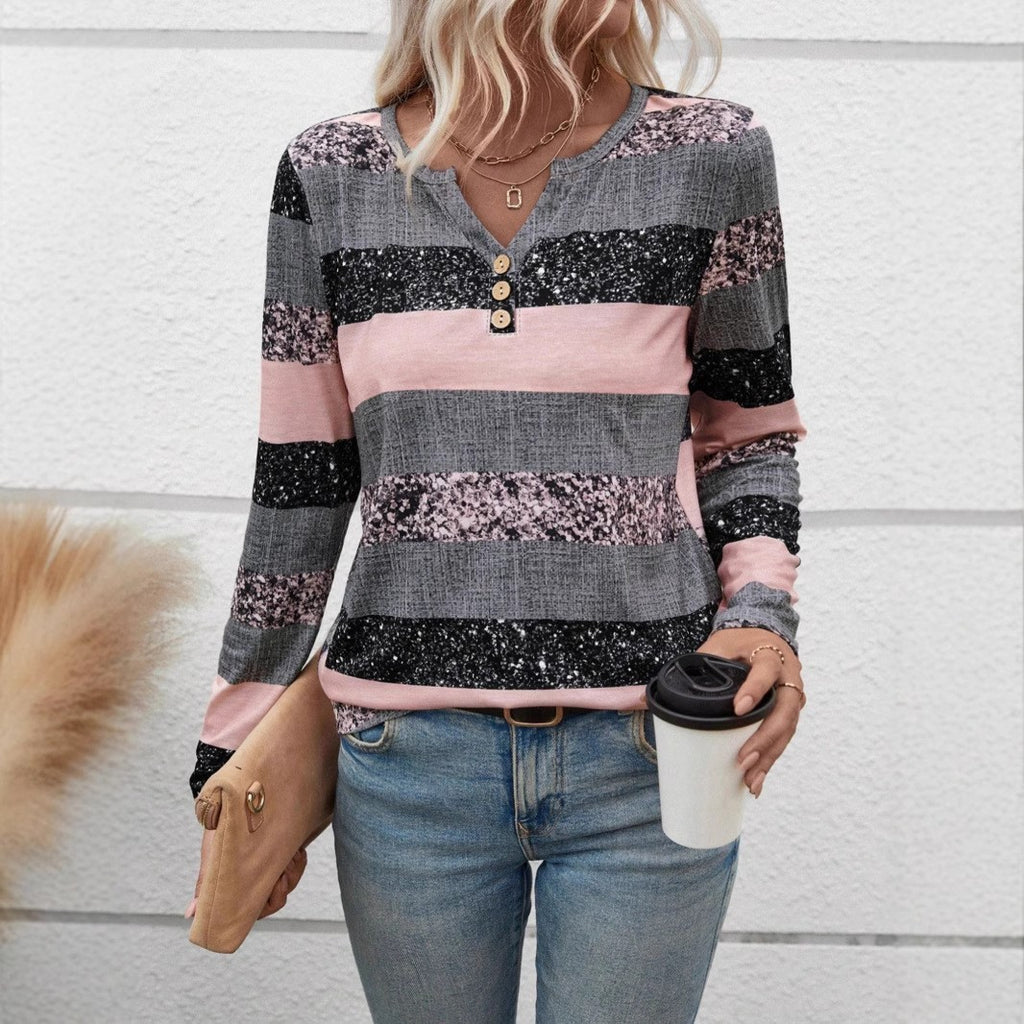 Striped V-neck 3D Printing Fashion Casual Sweater