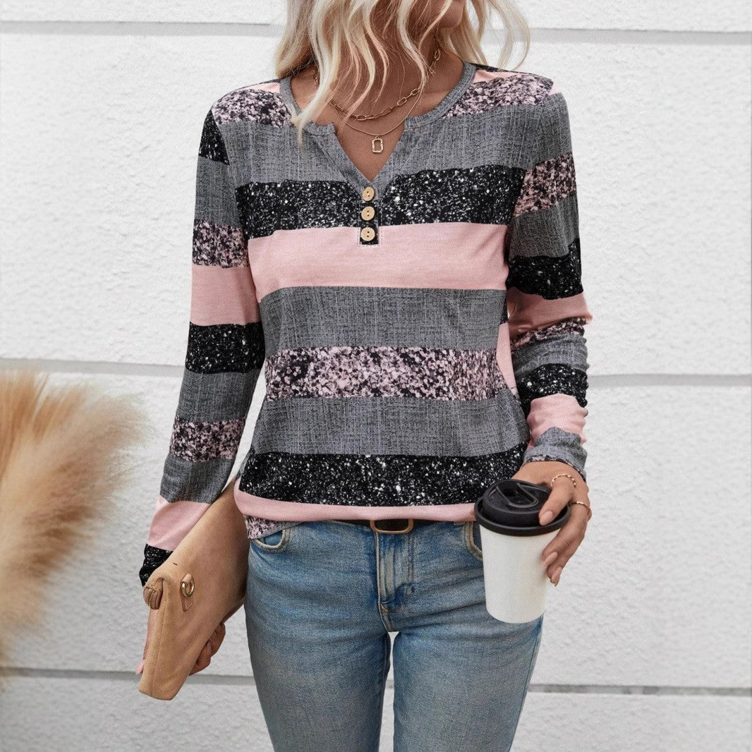 Striped V-neck 3D Printing Fashion Casual Sweater
