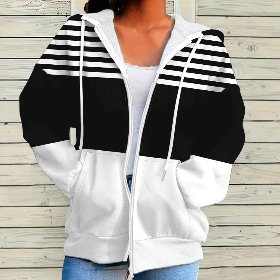 Casual Striped Contrast Color Zipper Hooded Sweater
