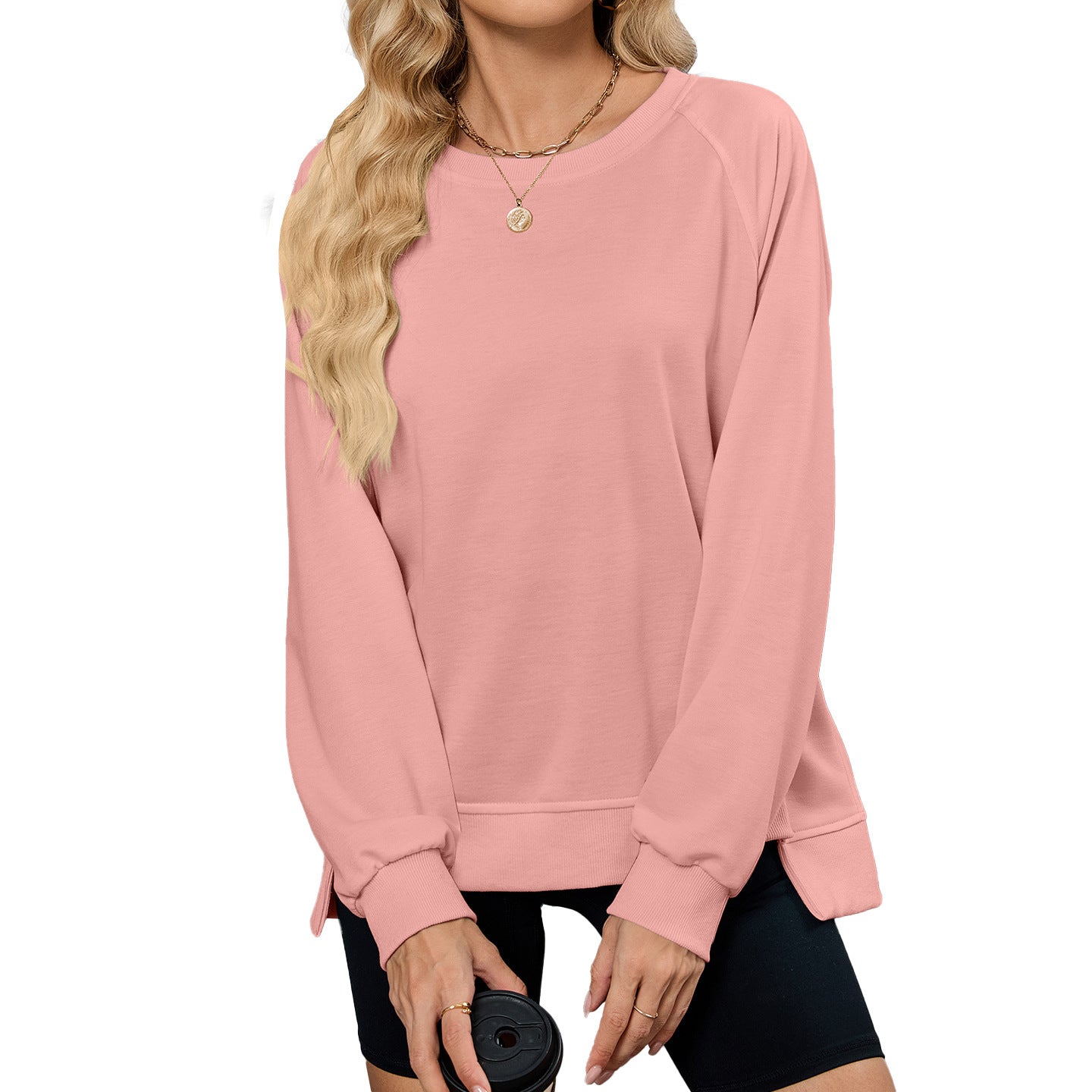 Solid Color Thread Round Neck Long Sleeve Loose Sweatshirt Women's Top