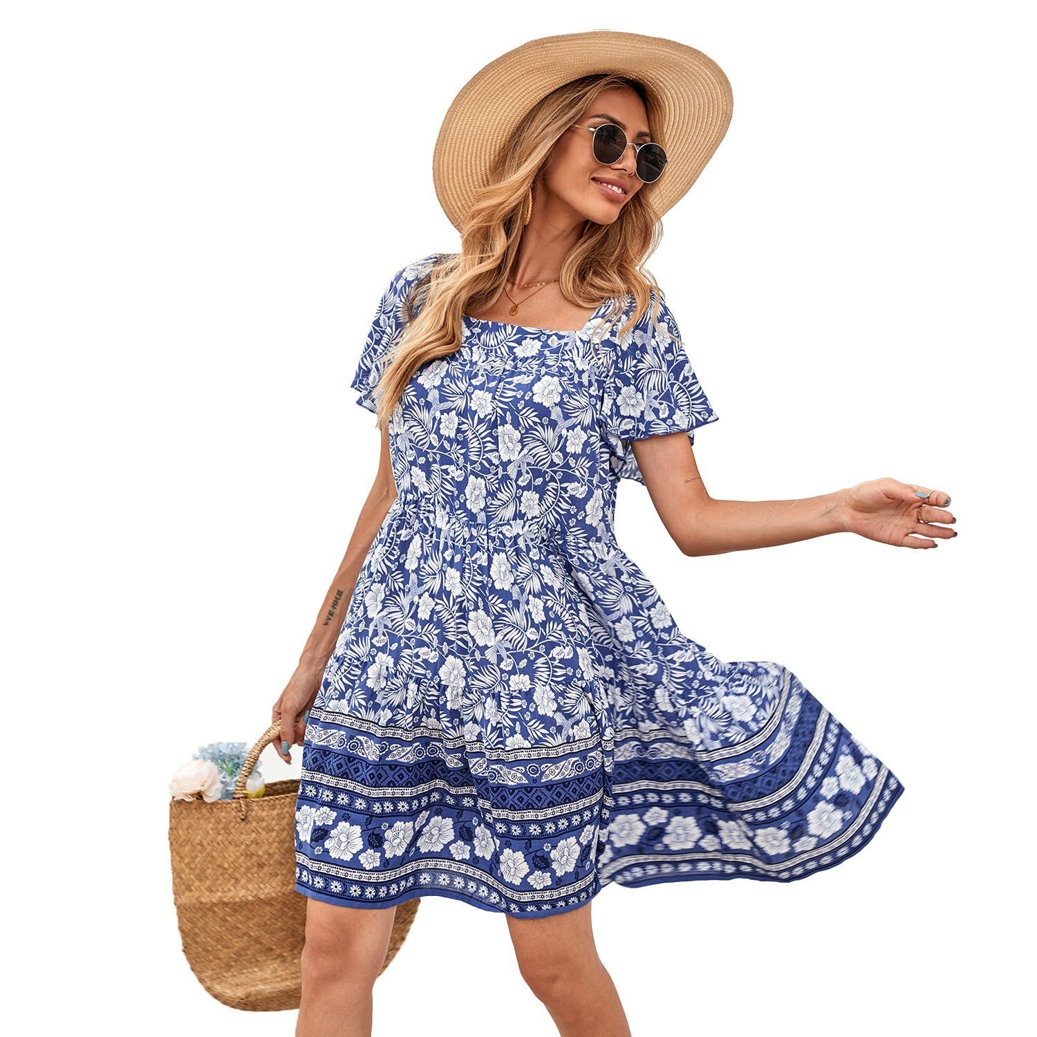 Ladies Fashion Square Neck Loose Casual Beach Dress