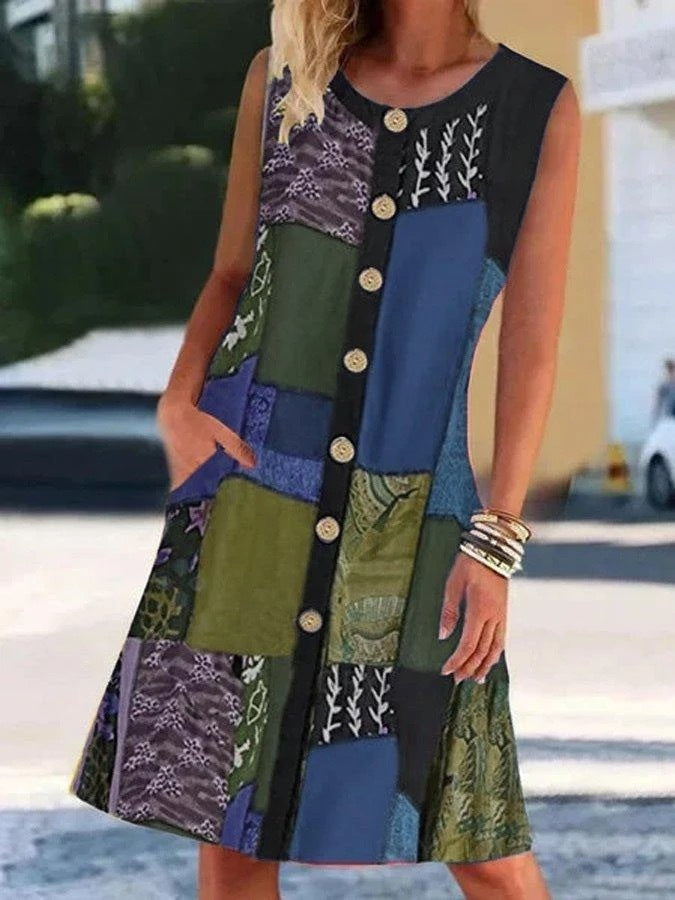 Women's Round Neck Sleeveless Printed Contrast Pocket Dress